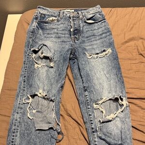 Distressed Straight Leg Jeans - Blue